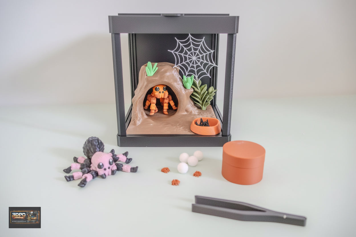 Spooky-Cute 3D Printed Spider Enclosure with Baby Spiders & Mini Feeding Set