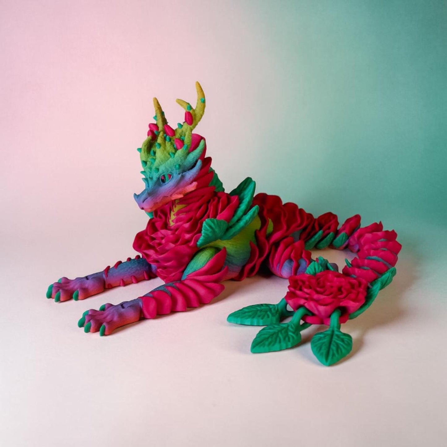 Rose Dragon – Articulated Floral Fidget Toy, Rainbow Desk Decor