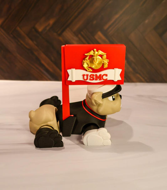 XL USMC Devil Dog Bulldog Statue | 3D Printed Marine Corps Mascot with Flag |