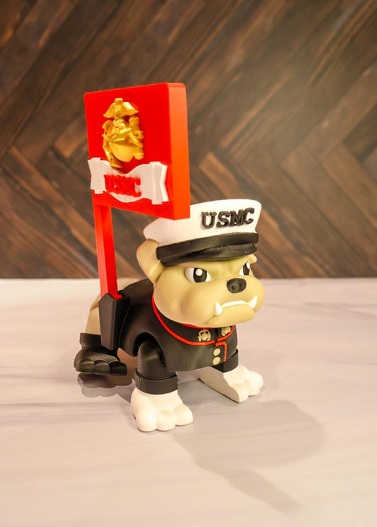 XL USMC Devil Dog Bulldog Statue | 3D Printed Marine Corps Mascot with Flag |
