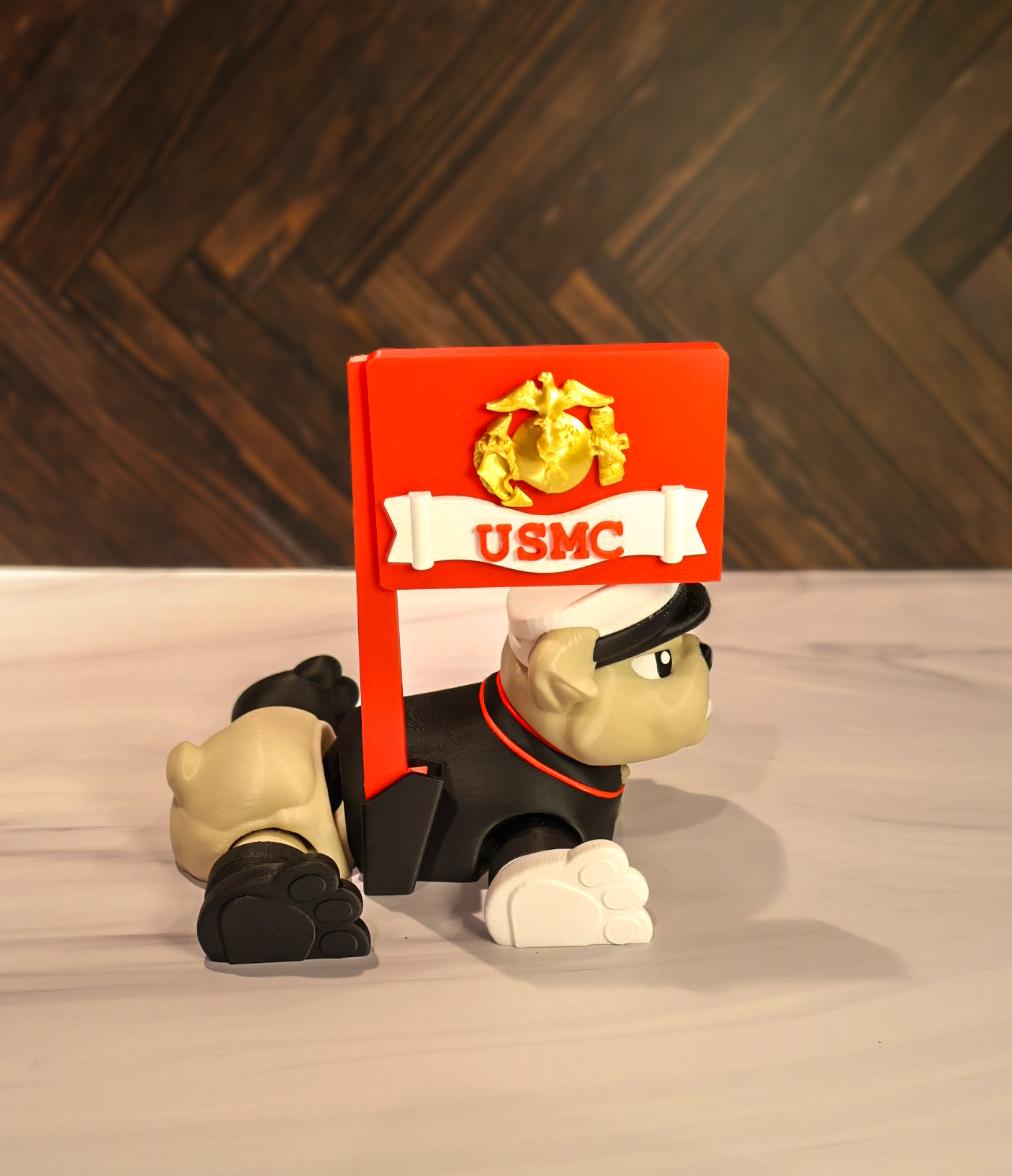 XL USMC Devil Dog Bulldog Statue | 3D Printed Marine Corps Mascot with Flag |
