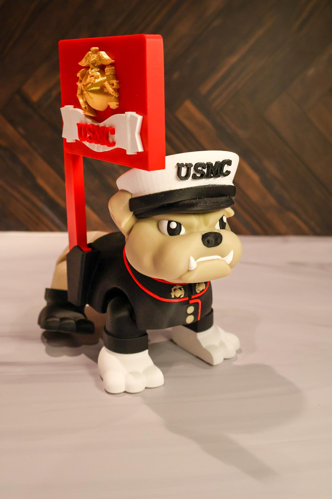 XL USMC Devil Dog Bulldog Statue | 3D Printed Marine Corps Mascot with Flag |