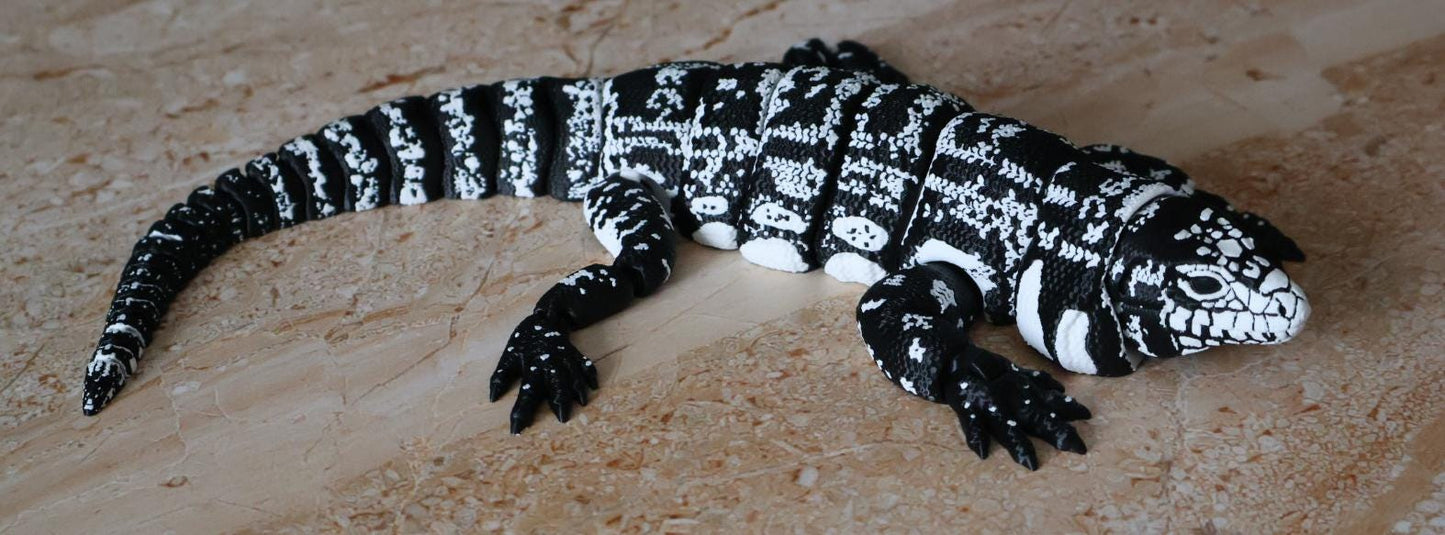 Articulated Tegu Lizard Fidget Toy | 12-Inch Black and White Reptile Model