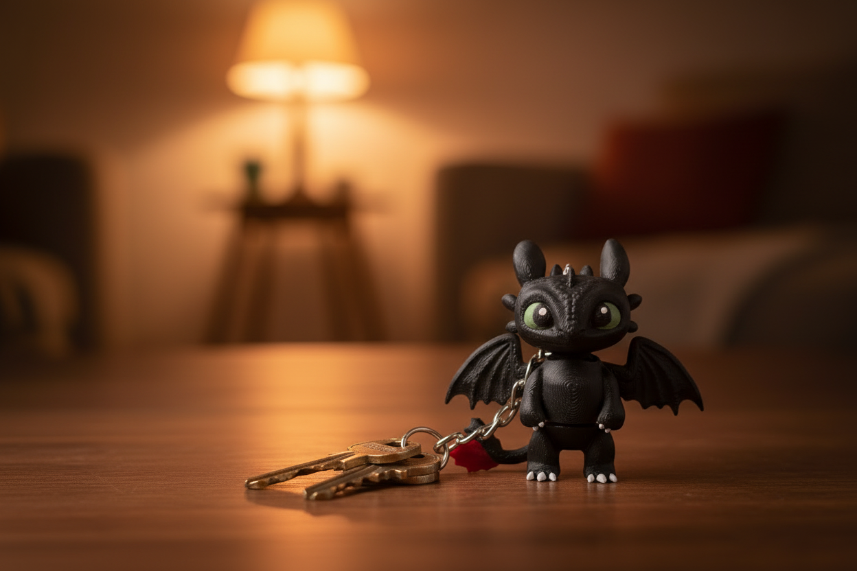 Toothless Dragon Keychain on Desk with Cozy Home Background